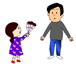 父の日に、娘に花束をもらうお父さん。